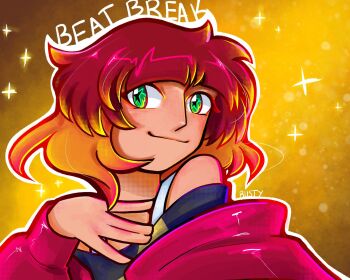 digimon digimon_beatbreak green_eyes highres jacket looking_at_viewer rusty-du sakuya_reina short_hair smile sparkle