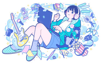 1girl aqua_jacket aqua_slippers black_cat black_hair blue_eyes blue_shorts blue_theme book camera cat computer controller electric_guitar film_reel flat_color food full_body game_controller grey_socks guitar headphones hood hood_down hooded_jacket inkwell instrument jacket laptop microphone nib_pen_(object) original paintbrush pen popcorn shirt short_hair shorts slippers socks solo standee white_shirt yoshimon