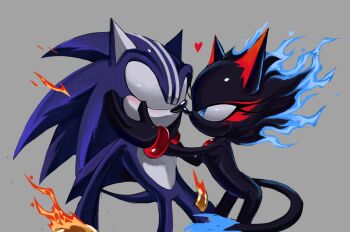 1boy 1girl animal_ears blaze_the_cat blaze_the_cat_(beta_design) blue_eyes blue_fur blush burning cat_ears cat_girl cat_tail darkspine_sonic fire furry furry_female furry_male grey_background heart highres simple_background sonic_(series) sonic_the_hedgehog tail wvcyclone