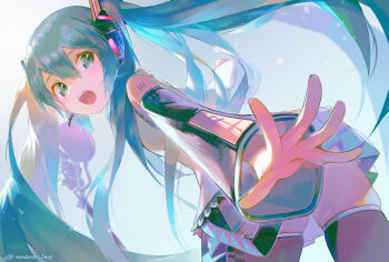 Rule 34 | 1girl, aqua eyes, aqua hair, aqua nails, aqua necktie, bare shoulders, black sleeves, black thighhighs, blush, commentary request, covering privates, detached sleeves, embarrassed, from below, grey shirt, hair ornament, hatsune miku, headphones, headset, highres, ito taera, leaning forward, long hair, looking back, miniskirt, nail polish, necktie, open mouth, outstretched arm, pleated skirt, revision, shirt, shoulder tattoo, skindentation, skirt, sleeveless, sleeveless shirt, solo, tattoo, thighhighs, twintails, twitter username, very long hair, vocaloid, zettai ryouiki