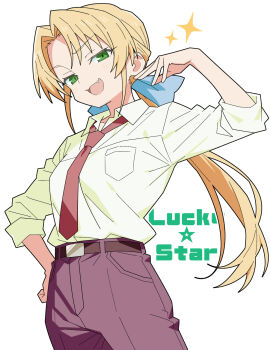 1girl belt blonde_hair collared_shirt green_eyes highres kuroi_nanako long_hair looking_at_viewer lucky_star matuo3232 necktie open_mouth pants ponytail shirt simple_background smile smug solo sparkle white_background white_shirt