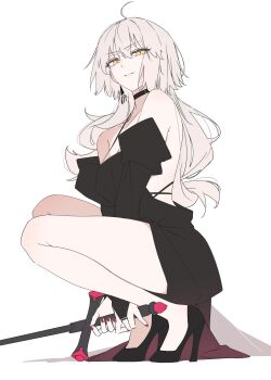 1girl ahoge alternate_costume bare_shoulders black_dress closed_mouth dress fate/grand_order fate_(series) formal_clothes grey_hair high_heels highres holding holding_sword holding_weapon jeanne_d&#039;arc_alter_(fate) long_hair looking_at_viewer ri_o_ne_su simple_background solo sword very_long_hair weapon white_background yellow_eyes