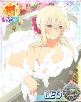 Rule 34 | 1girl, aquarius (symbol), aries (symbol), bathing, bathroom, bathtub, blonde hair, breasts, cancer (symbol), capricorn (symbol), card (medium), cleavage, collarbone, convenient censoring, dodecagram, faucet, floral print, gemini (symbol), hair between eyes, hair ornament, hair scrunchie, in bathtub, large breasts, lens flare, leo (senran kagura), leo (symbol), libra (symbol), long hair, nude, official alternate hairstyle, official art, parted lips, pisces (symbol), purple eyes, rose print, sagittarius (symbol), school emblem, scorpio (symbol), scrunchie, senran kagura, senran kagura new wave, sidelocks, soap, soap bubbles, soap censor, solo, sparkle, taurus (symbol), very long hair, virgo (symbol), wallpaper (object), wet, zodiac wheel