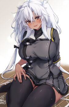 1girl black_nails black_skirt black_thighhighs blush breasts commentary_request dark-skinned_female dark_skin dated glasses grey-framed_eyewear grey_hair grey_jacket hair_between_eyes highres jacket jewelry kantai_collection large_breasts long_hair looking_at_viewer mashiro_yukiya musashi_(kancolle) musashi_kai_ni_(kancolle) pointy_hair rectangular_eyewear red_eyes rimless_eyewear ring semi-rimless_eyewear sitting skirt smile solo thighhighs twintails very_long_hair wedding_ring white_hair wooden_floor