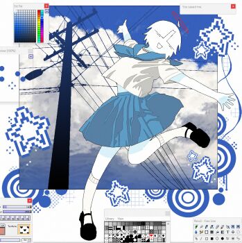 1girl absurdres black_shoes blue_neckerchief blue_sailor_collar blue_skirt blue_sky chewchewer closed_eyes cloud cloudy_sky colored_skin commentary english_commentary english_text halo highres leg_up microsoft_paint_(medium) microsoft_paint_(software) midriff_peek neckerchief nyan_(chewchewer) open_mouth original outstretched_arms pixel_star pleated_skirt power_lines red_halo sailor_collar school_uniform serafuku shoes short_hair short_sleeves skirt sky smile socks solo spread_arms star_(symbol) utility_pole white_serafuku white_skin white_socks window_(computing)