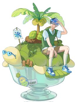 Rule 34 | 1boy, absurdres, aoyagi touya, arm up, blue-tinted eyewear, blue eyes, blue hair, blue shoes, bowl, brown shorts, closed mouth, coconut, commentary, eyes visible through eyewear, eyewear on head, glass bowl, green sweater vest, hat, heart, heart-shaped eyewear, highres, looking to the side, male focus, multicolored hair, palm tree, parted lips, project sekai, shirt, shoes, short sleeves, shorts, sideways glance, sitting, smile, sneakers, socks, solo, split-color hair, sticker, straw hat, sweater vest, szztzzs, tinted eyewear, tree, turtle, untranslatable commentary, unworn hat, unworn headwear, white shirt, white socks, wide sleeves