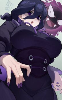 Rule 34 | 1girl, :o, @ @, adversarial noise, alternate breast size (larger), artist logo, black dress, black hair, breasts, commentary, corrupted twitter file, cowboy shot, dress, earrings, from below, gastly, gen 1 pokemon, grey background, hair between eyes, hex maniac (pokemon), hex maniac (pokemon legends: z-a), highres, jewelry, large breasts, logo, long hair between eyes, long sleeves, looking at viewer, medium hair, mendo0821, nail polish, neck ribbon, nintendo, open mouth, pokemon, pokemon (creature), pokemon legends: z-a, purple dress, purple eyes, purple nails, purple ribbon, raised inner eyebrows, ribbon, simple background, sphere earrings, teeth, twitter username, two-sided dress, two-sided fabric, upper teeth only