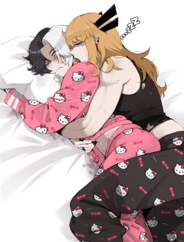 2girls absurdres anger_vein biceps bite_mark bite_mark_on_stomach black_hair blonde_hair character_print clothes_lift constricted_pupils crop_top hello_kitty hello_kitty_(character) highres hug implied_after_sex licking licking_another's_neck luna_snow magik_(x-men) marvel marvel_rivals masoq multicolored_hair multiple_girls muscular muscular_female one_eye_closed pajamas pillow pink_pajamas sanrio shirt_lift sleeping split-color_hair spooning sweat tank_top very_sweaty white_hair x-men yuri zzz