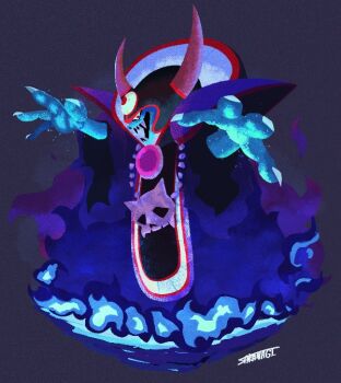 Rule 34 | 1boy, artist name, black background, blue fire, blue skin, colored skin, commentary, demon, dragon quest, dragon quest iii, fake horns, fingernails, fire, helmet, horned helmet, horns, jewelry, looking at viewer, male focus, necklace, open mouth, profile, purple robe, red eyes, robe, sakanagi (a r co), sharp fingernails, sharp teeth, skull necklace, solo, teeth, third eye, zoma