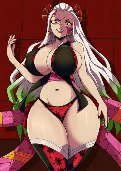 Rule 34 | 1girl, absurdres, breasts, cleavage, curvy, daki (kimetsu no yaiba), demon girl, fangs, female focus, fingernails, full body, green eyes, green hair, hair ornament, hair stick, highres, huge breasts, japanese clothes, kimetsu no yaiba, kimono, lipstick, long hair, looking at viewer, makeup, midriff, multicolored hair, nail polish, navel, no bra, obi, sash, sharp fingernails, sideboob, skindentation, solo, sonson-sensei, thick thighs, thigh gap, thighhighs, thighs, two-tone hair, very long hair, white hair, wide hips