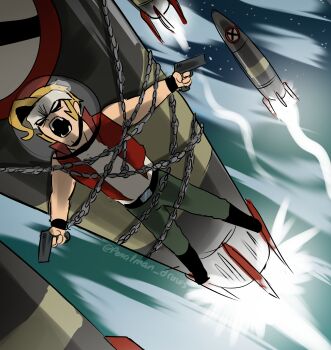Rule 34 | 1boy, aircraft, airplane, bandana, belt, blonde hair, bound, chain, cockpit, dual wielding, emblem, green pants, gun, headband, highres, holding, launching, male focus, marco rossi, meme, metal slug, metal slug 3, missile, open mouth, outstretched arms, pants, parody, pencilman draws, red vest, rocket, rocket ship, screaming, shirt, short hair, shouting, sky, snk, solo, space, spacecraft, star (sky), tied up (nonsexual), vest, weapon, white bandana, wolverine nuke (meme)