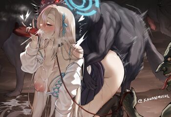 1girl absurdres all_fours animal_penis asuna_(blue_archive) bdsm bestiality black_skirt blonde_hair blue_archive blue_eyes blue_halo blush bra breasts clothes_lift collar cum cum_in_mouth cum_on_body cum_on_breasts cum_on_upper_body dog_penis doggystyle double_penetration ejaculation facial fellatio glowing glowing_eyes goblin group_sex halo handjob heart hetero highres kawanmushi large_breasts leash long_hair nipples oral penis pet_play sex sex_from_behind skirt skirt_lift slave trembling underwear white_bra wolf