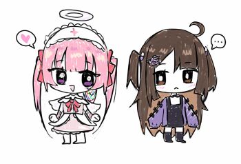 ... 2girls :&lt; ahoge ai-chan_(love_angel_syndrome) angel angel_wings bandaged_arm bandages barefoot bow bright_pupils brown_eyes brown_hair cable cat_hair_ornament chibi chibi_only closed_mouth hair_ornament hairband halo heart jacket kiureyii lolita_fashion lolita_hairband love_angel_syndrome multiple_girls open_mouth pill_hair_ornament pink_bow pink_hair pink_ribbon pink_shirt pink_skirt purple_bow purple_eyes purple_jacket purple_shirt purple_socks ribbon shirt short_twintails simple_background skirt sleeves_past_fingers sleeves_past_wrists smile socks speech_bubble spoken_ellipsis spoken_heart triangle_mouth twintails white_background white_pupils wings yuuna_(love_angel_syndrome)