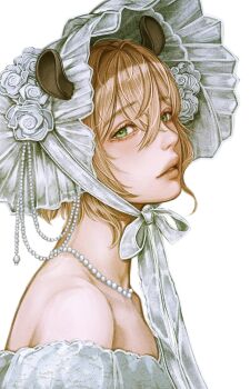 1girl animal_ears avocado2o2 bead_necklace beads bonnet brown_hair commentary crossed_bangs dress english_commentary eyelashes from_side green_eyes hair_between_eyes hair_intakes highres indie_virtual_youtuber jewelry lips necklace nimi_nightmare off-shoulder_dress off_shoulder parted_lips short_hair simple_background solo tapir_ears tapir_girl turning_head upper_body virtual_youtuber wedding_dress white_background white_bonnet white_dress