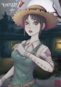 Rule 34 | 1girl, belt, black hair, blurry, blurry background, button eyes, buttons, collared shirt, commentary, copyright name, emma woods, english commentary, freckles, green overalls, hat, highres, identity v, looking at viewer, open mouth, outdoors, overalls, pinguingurun14, shirt, short hair, sidelocks, sleeves rolled up, solo, stitched arm, stitches, straw hat, white shirt