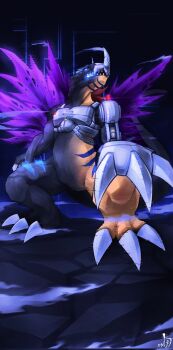Rule 34 | black background, black scales, blue eyes, claw (weapon), crossover, cyborg, digimon, digimon (creature), gamr1p, godzilla (series), highres, mechanical arms, metalgreymon, metalgreymon g erosion mode, orange scales, purple wings, simple background, single mechanical arm, standing, toho, torn wings, weapon, wings