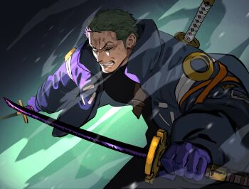 Rule 34 | 1boy, ababubu zr, black bodysuit, bodysuit, clenched teeth, cowboy shot, dust cloud, earrings, fighting stance, gloves, green hair, hashtag-only commentary, highres, holding, holding sword, holding weapon, jacket, jewelry, katana, long sleeves, male focus, multiple swords, official alternate costume, one piece, open clothes, open jacket, purple gloves, purple jacket, roronoa zoro, scar, scar across eye, scar on face, short hair, solo, sword, sword on back, teeth, weapon, weapon on back