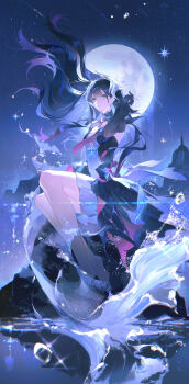 1girl absurdres air_bubble barefoot black_dress black_gloves black_hair bubble dress floating_hair full_moon gloves hair_ornament highres honkai:_star_rail honkai_(series) hysilens_(honkai:_star_rail) koujuan long_hair long_sleeves moon night outdoors parted_lips second-party_source sky solo very_long_hair water