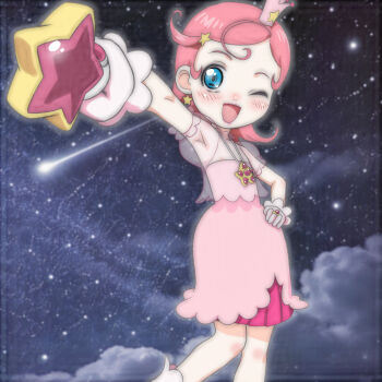 1girl ahoge blue_eyes blush boots cloud comet_(comet-san) cosmic_baton_girl_comet-san crown dress earrings gloves hair_ornament hand_on_own_hip heart holding holding_wand jewelry looking_at_viewer magical_girl necklace night night_sky one_eye_closed open_mouth pink_boots pink_dress pink_gloves pink_hair pink_shirt puffy_sleeves ring see-through_clothes see-through_shirt shirt shooting_star short_hair short_sleeves sky smile standing star_(sky) star_(symbol) star_earrings star_hair_ornament star_necklace starry_sky strapless strapless_dress t_jiroo_(ringofriend) wand wink