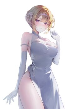 1girl alternate_costume breasts commentary dress elbow_gloves english_commentary evelyn_chevalier flower gloves hair_flower hair_ornament highres large_breasts looking_at_viewer medium_hair purple_eyes ren0121 short_hair simple_background solo thighs white_dress white_gloves zenless_zone_zero