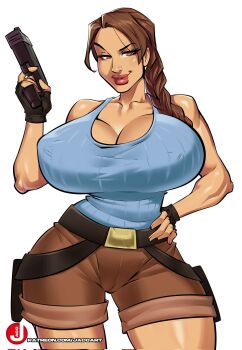 1girl artist_logo belt black_belt black_gloves blue_tank_top braid braided_ponytail breasts brown_eyes brown_hair brown_shorts cleavage fingerless_gloves gloves gun hand_on_own_hip highres holding holding_gun holding_weapon holster jacogramc lara_croft logo long_hair narrow_waist patreon_username short_shorts shorts simple_background solo standing tank_top thigh_holster tomb_raider watermark weapon web_address white_background