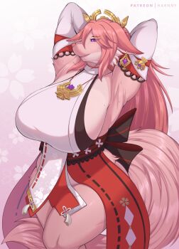 1girl alternate_body_size alternate_breast_size_(larger) animal_ear_piercing animal_ears armpits arms_behind_head arms_up artist_name back_bow black_bow body_fur bow breasts bright_pupils cherry_blossom_print commentary cowboy_shot detached_sleeves english_commentary floppy_ears floral_background floral_print flower_knot fox_ears fox_tail furrification furry furry_female gem genshin_impact gradient_background hair_between_eyes harnny headpiece highres huge_breasts japanese_clothes jewelry kitsune long_hair long_sleeves looking_at_viewer necklace no_panties nontraditional_miko obi parted_lips patreon_username pelvic_curtain pendant pink_background pink_fur pink_hair pink_tail pink_theme plump profile purple_eyes purple_gemstone red_sash sash sideboob sideways_glance simple_background sleeveless snout solo standing sweat tabard tail tassel taut_clothes thick_thighs thighs turtleneck white_pupils white_sleeves white_tabard wide_hips yae_miko