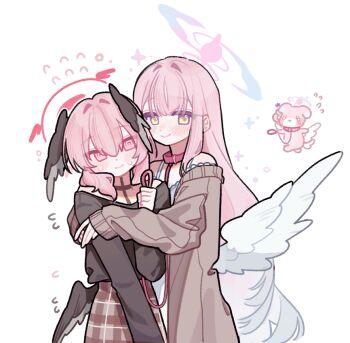 2girls alternate_costume angel_wings black_wings blue_archive collar dog feathered_wings gradient_halo halo head_wings holding holding_leash koharu_(blue_archive) leash low_wings mika_(blue_archive) multicolored_halo multiple_girls nagakiras2 nervous_sweating pink_eyes pink_hair pink_halo red_halo sweat sweater white_wings winged_halo wings yuri