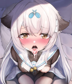 Rule 34 | 1girl, absurdres, after fellatio, animal ears, armpit crease, azur lane, bandaged head, bandages, between legs, blush, bodysuit, breast curtain lift, breast curtains, collarbone, covered navel, cum, cum in mouth, cum string, dutch angle, female focus, from above, hand between legs, highres, legs together, long hair, looking at viewer, miyuki (azur lane), on bed, open mouth, rodriguez (kamwing), sailor collar, saliva, saliva trail, sidelocks, sitting, smile, solo, sweat, tail, tears, thighs, tongue, tongue out, torn clothes, very long hair, white hair, white sailor collar, yellow eyes