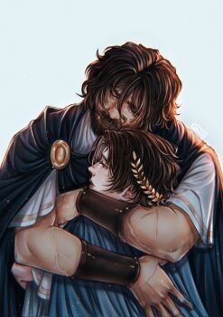 Rule 34 | 2boys, arm guards, blue cloak, brown hair, cloak, closed eyes, epic: the musical, father and son, head wreath, heads together, highres, hug, male focus, multiple boys, muscular, muscular male, odysseus (mythology), oladushekcos, robe, scar, scar on arm, short hair, tears, telemachus (mythology), white robe