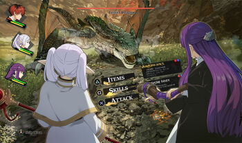 Rule 34 | 1boy, 2girls, black robe, butterfly hair ornament, button prompt, capelet, clair obscur: expedition 33, coat, commentary request, dress, elf, fern (sousou no frieren), frieren, from behind, gameplay mechanics, hair ornament, health bar, holding, holding staff, long hair, mage staff, menu, monster, multiple girls, nyoro (nyoronyoro000), outdoors, parted bangs, pointy ears, purple eyes, purple hair, purple pupils, red coat, red hair, robe, rock, sousou no frieren, staff, stark (sousou no frieren), straight hair, twintails, user interface, white capelet, white dress