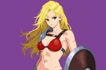 1girl abs armor bikini_armor blonde_hair blue_eyes breasts cleavage closed_mouth commentary_request frown long_hair looking_at_viewer medium_breasts navel original picopico256 pixel_art purple_background ruin_runners shaia_(picopico256) shield shoulder_armor simple_background solo underboob upper_body