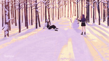 Rule 34 | 1boy, 1girl, absurdres, arm support, bare tree, black pants, black shirt, black shoes, black skirt, commentary request, day, forest, highres, jacket, long hair, long sleeves, nature, necktie, open clothes, open jacket, original, outdoors, pants, pink necktie, purple hair, reclining, sample watermark, scenery, shade, shirt, shoes, short hair, skirt, snow, snowman, tree, watermark, white hair, white jacket, winter, yamiko160