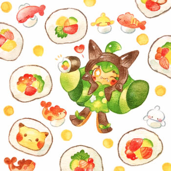 colored_pencil_(medium) commentary_request ehoumaki fangs food full_body gen_1_pokemon heart highres holding holding_food makizushi nintendo ogerpon one_eye_closed painting_(medium) pikachu pokemon pokemon_(creature) star-shaped_pupils star_(symbol) sushi symbol-shaped_pupils tatsugiri traditional_media watercolor_(medium) white_background yukichi_0611