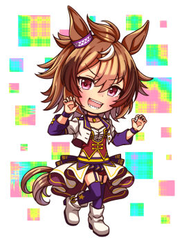 1girl animal_ears blush bodice boots breasts brown_hair chibi chibi_only choker claw_pose collarbone commentary_request corset cropped_jacket ear_ornament full_body garter_straps hair_between_eyes hair_tuft highres horse_ears horse_girl horse_tail jacket long_sleeves looking_at_viewer midriff_peek multicolored_hair navel overskirt pendant_choker purple_choker purple_eyes purple_garter_straps purple_thighhighs red_corset red_shorts sharp_teeth shinko_windy_(umamusume) shirt short_hair shorts small_breasts smile solo star_(symbol) starting_future_(umamusume) sugimotty_nova tail teeth thighhighs umamusume white_boots white_hair white_jacket white_shirt wristband