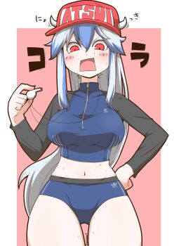 1girl artist_name blue_hair blue_jacket blue_shorts blush breasts holding holding_whistle jacket kamishirasawa_keine kuso_atsui_(meme) large_breasts long_hair long_sleeves looking_at_viewer meme multicolored_hair navel open_mouth raglan_sleeves rash_guard red_eyes shorts solo sportswear swimsuit thighs touhou two-tone_hair very_long_hair whistle white_hair zannen_na_hito