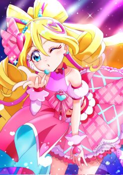 Rule 34 | 1girl, blonde hair, blowing kiss, blue eyes, brooch, collarbone, colorful background, commentary request, cowboy shot, cure idol, curly hair, earrings, hair between eyes, hair ornament, halterneck, headset, heart, heart brooch, heart earrings, heart hair ornament, highres, jewelry, kimi to idol precure, leaning forward, long hair, magical girl, momotarouooi, multicolored hair, navel, one eye closed, pink hair, pink skirt, pink theme, pink wrist cuffs, plaid clothes, plaid skirt, precure, puckered lips, sakura uta (precure), skirt, solo, sparkle, standing, streaked hair, two-tone hair, two side up, wrist cuffs