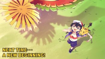 Rule 34 | 1boy, :d, ash ketchum, bird, black hair, black shoes, brown eyes, commentary request, day, full body, gen 1 pokemon, gen 2 pokemon, grass, hat, highres, ho-oh, legendary pokemon, male focus, nintendo, notamaru 2, open clothes, open mouth, open vest, outdoors, pikachu, pokemon, pokemon (anime), pokemon (creature), pokemon journeys, purple shorts, purple vest, red hat, running, shadow, shirt, shoes, short hair, short sleeves, shorts, smile, vest, white shirt