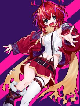 1girl akane_canna akane_canna_(1st_costume) antenna_hair belt black_belt black_boots blush boots breasts brown_scarf button_gap cleavage foot_out_of_frame fur-trimmed_boots fur_trim green_eyes hashtag-only_commentary highres hiyoku_no_crosspiece jacket jacket_partially_removed large_breasts looking_at_viewer medium_hair midriff multicolored_hair nanashi_inc. navel open_mouth pencil_skirt purple_background purple_hair red_hair red_jacket red_skirt rokkan_shinkei scarf shirt single_thighhigh skirt sleeveless sleeveless_shirt smile solo streaked_hair suspender_skirt suspenders thighhighs torn_clothes torn_scarf two-tone_hair virtual_youtuber white_shirt white_thighhighs