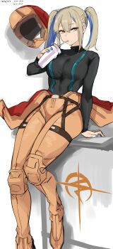 1girl absurdres agetama black_bodysuit blonde_hair blue_hair bodysuit breasts brown_bodysuit cleavage colored_inner_hair commentary_request cup dated drink drinking drinking_straw gundam gundam_hathaway's_flash hala_morley helmet highres holding holding_cup holding_drink mecha_pilot_suit multicolored_hair normal_suit_(gundam) sitting solo striped_hair sweat twintails two-tone_hair undersuit undressing unworn_headwear unworn_helmet