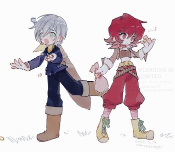 Rule 34 | 1boy, 1girl, :o, absurdres, ammunition belt, bag, baggy pants, belt, blue eyes, blue jacket, blue pants, blush, boots, brown boots, brown jacket, closed mouth, coin, commentary request, crop top, cropped jacket, ear blush, gold coin, grey hair, hair between eyes, highres, holding, holding bag, holding coin, iria animi, jacket, knee boots, lace-up boots, long sleeves, multiple belts, musical note, nancykittyu, pants, pants tucked in, pink socks, pouch, reaching, red eyes, red hair, red pants, ruca milda, scarf, short hair, simple background, smile, socks, standing, standing on one leg, strapless, striped clothes, striped socks, sword, sword on back, tales of (series), tales of innocence, tearing up, tube top, weapon, weapon on back, white background, yellow belt, yellow boots, yellow scarf