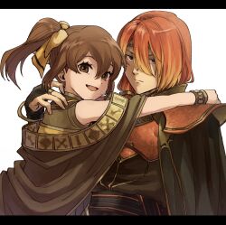 Rule 34 | 1boy, 1girl, :d, armor, bare shoulders, bow, bracelet, brother and sister, brown cape, brown eyes, brown hair, cape, delthea (fire emblem), dress, fang, fire emblem, fire emblem echoes: shadows of valentia, glaring, hair between eyes, hair bow, hand on another&#039;s shoulder, highres, jewelry, kometubu0712, letterboxed, looking at viewer, looking back, luthier (fire emblem), nintendo, open mouth, orange hair, ponytail, siblings, simple background, smile, upper body, white background, yellow bow, yellow dress