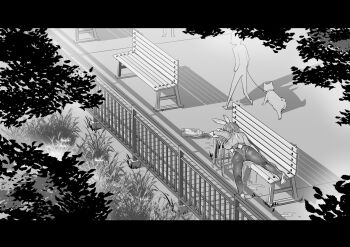 1girl 1other animal_ears asuna_(blue_archive) asuna_(bunny)_(blue_archive) bench blue_archive bottle breasts dog drunk fainted fake_animal_ears gloves greyscale highres large_breasts leash long_hair monochrome official_alternate_costume on_bench outdoors pantyhose park park_bench pet plastic_bottle playboy_bunny public_indecency pussy_juice rabbit_ears sashizume_soutarou shadow white_gloves wooden_bench