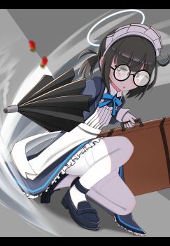 Rule 34 | 1girl, ammunition, apron, black shoes, blue archive, blue dress, blue ribbon, blunt bangs, briefcase, brown eyes, brown hair, collared dress, dress, firing, floppy size (artist), frilled dress, frills, glasses, grey background, gun, halo, highres, loafers, looking to the side, low ponytail, maid, maid apron, maid headdress, millennium science school student (blue archive), millennium science school student a (blue archive), pantyhose, ponytail, ribbon, round eyewear, shell casing, shoes, shotgun, shotgun shell, smoke, smoking barrel, umbrella, umbrella gun, weapon, white pantyhose