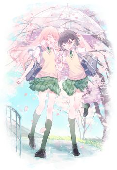 Rule 34 | 2girls, :d, absurdres, arm up, bag, bang dream!, bang dream! it's mygo!!!!!, black shoes, black socks, border, brown eyes, brown hair, cherry blossoms, chihaya anon, chinese commentary, closed eyes, collared shirt, commentary request, day, diagonal-striped clothes, diagonal-striped necktie, fading border, fang, green necktie, green skirt, grey bag, grin, haneoka school uniform, highres, holding, holding umbrella, kneehighs, leg up, loafers, long hair, multiple girls, necktie, one eye closed, open mouth, outdoors, petals, pink hair, plaid clothes, plaid skirt, pleated skirt, puddle, rain, school bag, school uniform, shirt, shoes, short hair, shoulder bag, signature, simoco, skirt, sky, smile, socks, splashing, standing, striped clothes, striped necktie, sunlight, sweater vest, takamatsu tomori, transparent, transparent umbrella, tree, umbrella, vest, white border, white shirt, yellow sweater vest, yellow vest