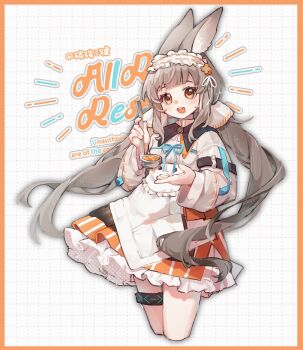 1girl animal_ears arknights blush dress grey_hair highres holding infection_monitor_(arknights) long_hair looking_at_viewer open_mouth orange_eyes rabbit_ears rabbit_girl shirt smile socks solo tan_tan_tan_tan_san_jian teeth upper_teeth_only very_long_hair warmy_(arknights)