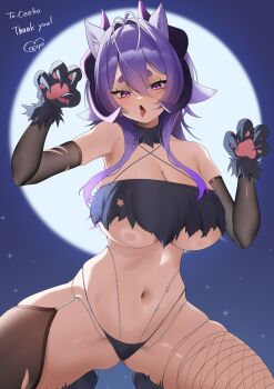 Rule 34 | 1girl, absurdres, animal ear fluff, animal ears, black horns, breasts, ceelio (vtuber), cleavage, commentary, full moon, hair between eyes, hair intakes, highres, horns, indie virtual youtuber, moon, mopyo (gvmmr), navel, open mouth, pink eyes, purple hair, second-party source, solo, thank you, tongue, tongue out, virtual youtuber