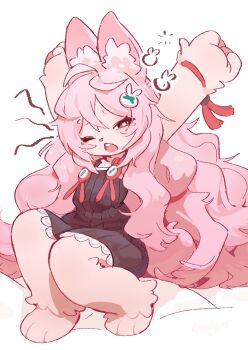 1girl alternate_costume animal_ear_fluff animal_ears animal_feet arms_up artist_name black_dress blush bright_pupils commentary dress english_commentary furry furry_female hair_ornament half-closed_eye highres la-ndy long_hair one_eye_closed open_mouth pink_fur pink_hair rabbit_ears rabbit_girl rabbit_hair_ornament red_eyes ribbed_dress short_eyebrows simple_background sitting solo stretching tears teeth thick_eyebrows upper_teeth_only white_background white_pupils yawning zenless_zone_zero zhao_(zenless_zone_zero)