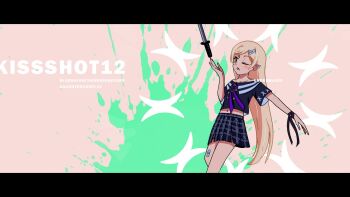 Rule 34 | balancing on finger, bandaid, bandaid on knee, bandaid on leg, black border, black ribbon, black skirt, blonde hair, border, buttons, character name, collarbone, cosplay, cosplay request, cowboy shot, double-breasted, english text, flat chest, from side, green paint, hair ornament, hairclip, hand up, holding, holding knife, kiss-shot acerola-orion heart-under-blade, kiss-shot acerola-orion heart-under-blade (young), kizumonogatari, knife, letterboxed, light blush, long hair, looking at hand, monogatari (series), navel, neck ribbon, o-ring, one eye closed, open hand, open mouth, oshino shinobu, outstretched arm, outstretched hand, plaid clothes, plaid skirt, purple ribbon, ribbon, sailor collar, sailor shirt, shirt, short sleeves, skirt, sonikkusupin, splatter, stepping, stitches, straight hair, swept bangs, two-tone sailor collar, very long hair, white background, wrist ribbon, yellow eyes