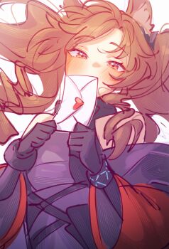 Rule 34 | 1girl, angelina (arknights), animal ear fluff, animal ears, arknights, arknights: endfield, bare shoulders, black dress, black gloves, blush, bracelet, brown hair, coat, commentary request, dress, elbow gloves, envelope, fox ears, fur-trimmed coat, fur trim, gilberta (arknights), gloves, heart, highres, holding, holding envelope, infection monitor (arknights), jewelry, letter, long hair, long sleeves, looking at viewer, love letter, open clothes, open coat, red eyes, sher (imnotsher), simple background, solo, twintails, upper body, valentine, white background