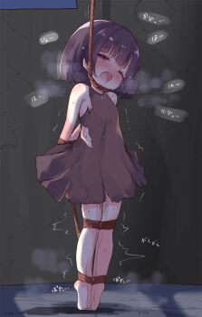 1girl arms_behind_back asphyxiation bdsm black_hair blush bondage bound bound_arms bound_legs drooling hanged heavy_breathing highres loli miria_(mamamamave) motion_lines one_eye_closed open_mouth original peril red_eyes rope runa_(miria) saliva solo sweat tongue tongue_out torture